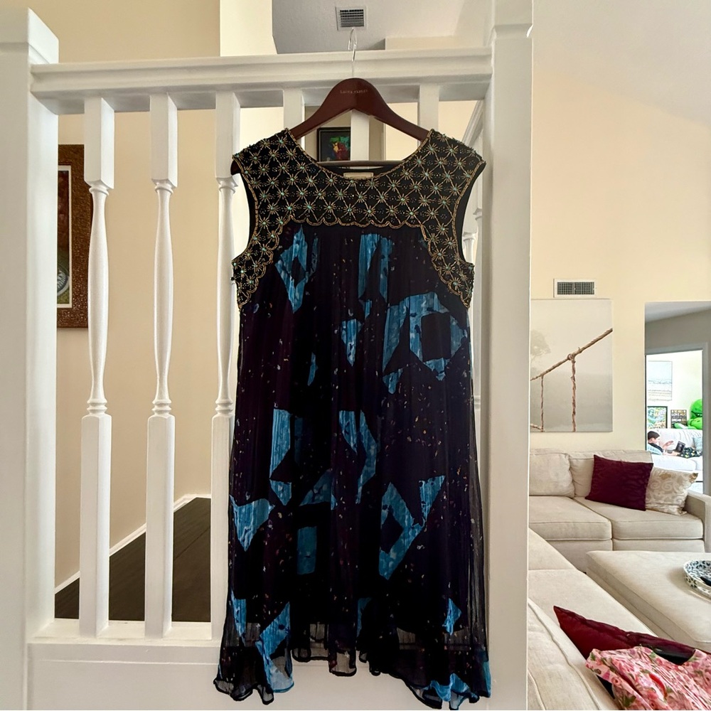 Anthropology Moulinette Soeurs Black and Blue Sleeveless Dress with Gold Accents